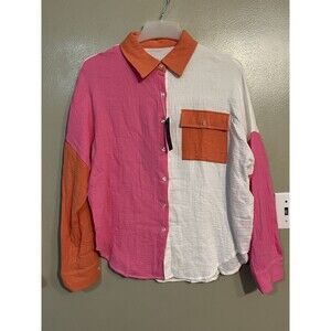 Womens Color Block Gouze Cotton Shirt Beach Size M NWT